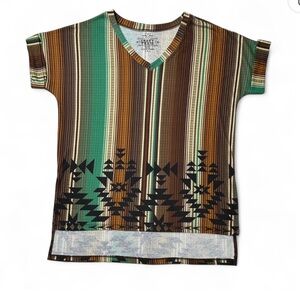 Crazy Train Green and Brown Short Sleeve Tee with Geometric Pattern